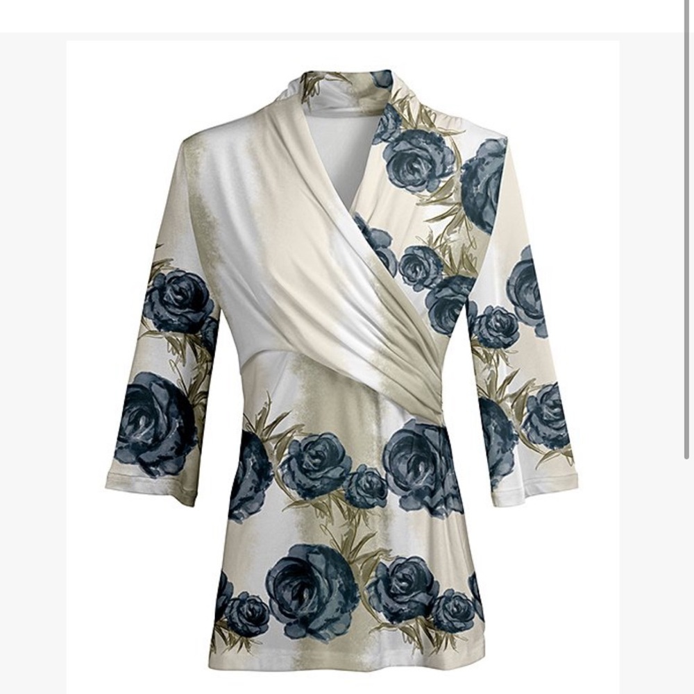 Lily Navy and Beige Rose Floral Surplice Tunic